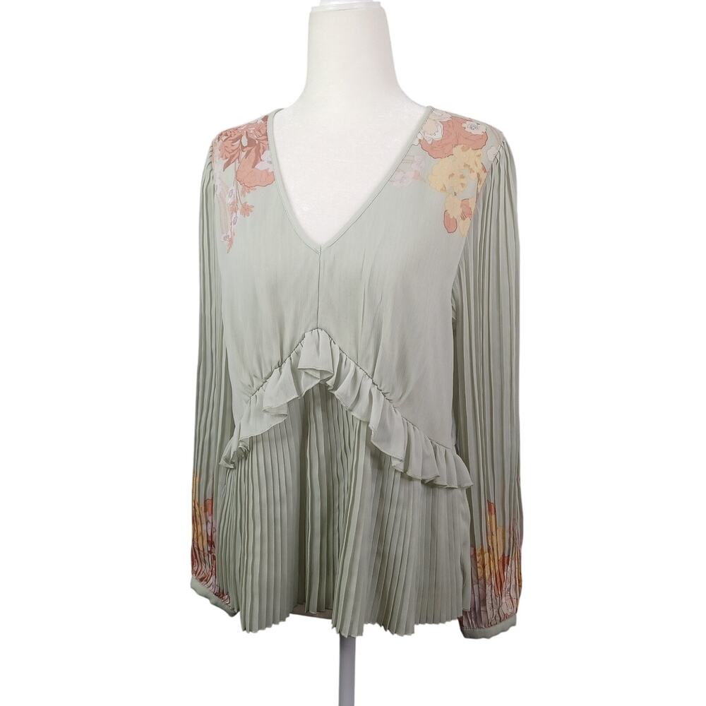 DR2 Womens Floral Sheer Babydoll Ruffle Pleated Blouse M Sage Romantic Coquette